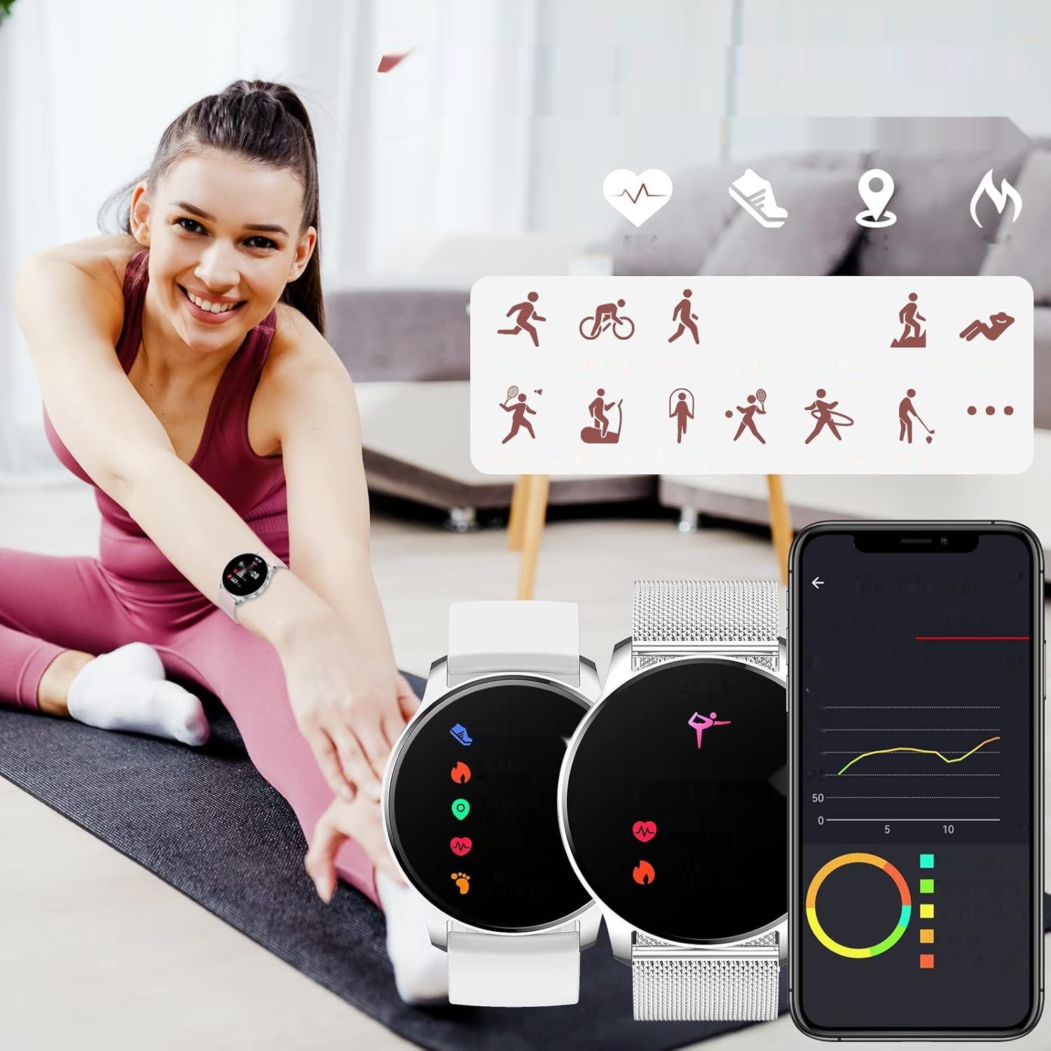 Erkwei Damski Smartwatch z rozmowami Bluetooth, 1,32-calowy Tracker Fitness