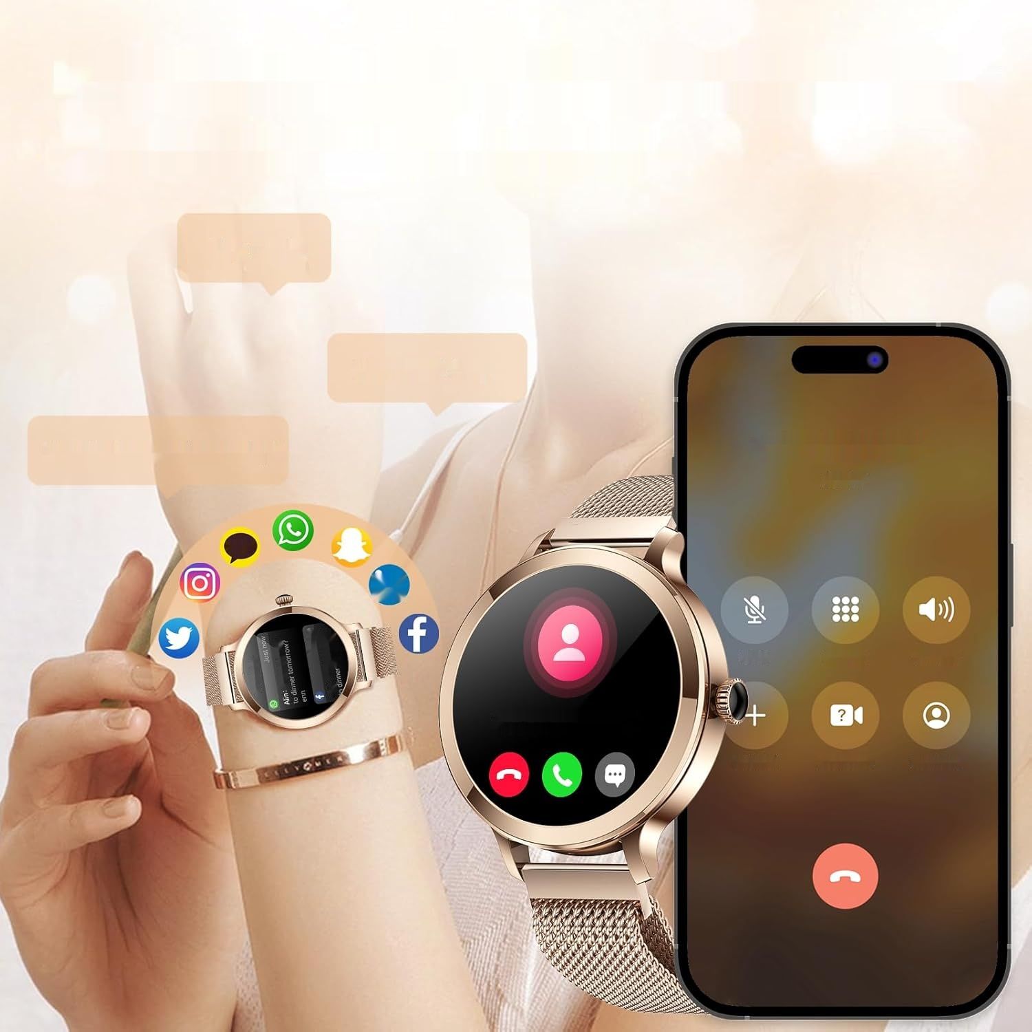 Smartwatch damski z funkcją telefonu, AMOLED 1,1&quot;, IP68, 114 trybów sportowych.