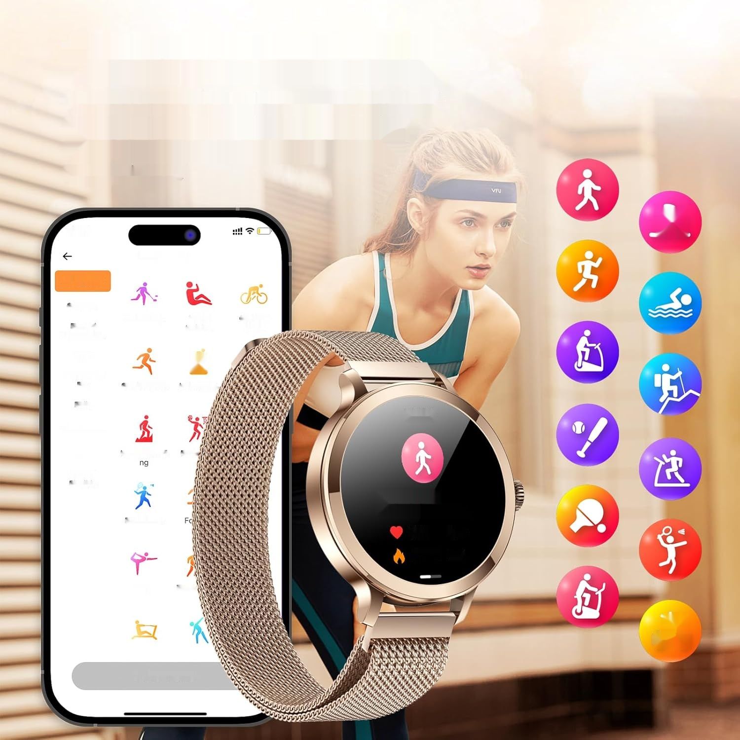 Smartwatch damski z funkcją telefonu, AMOLED 1,1&quot;, IP68, 114 trybów sportowych.