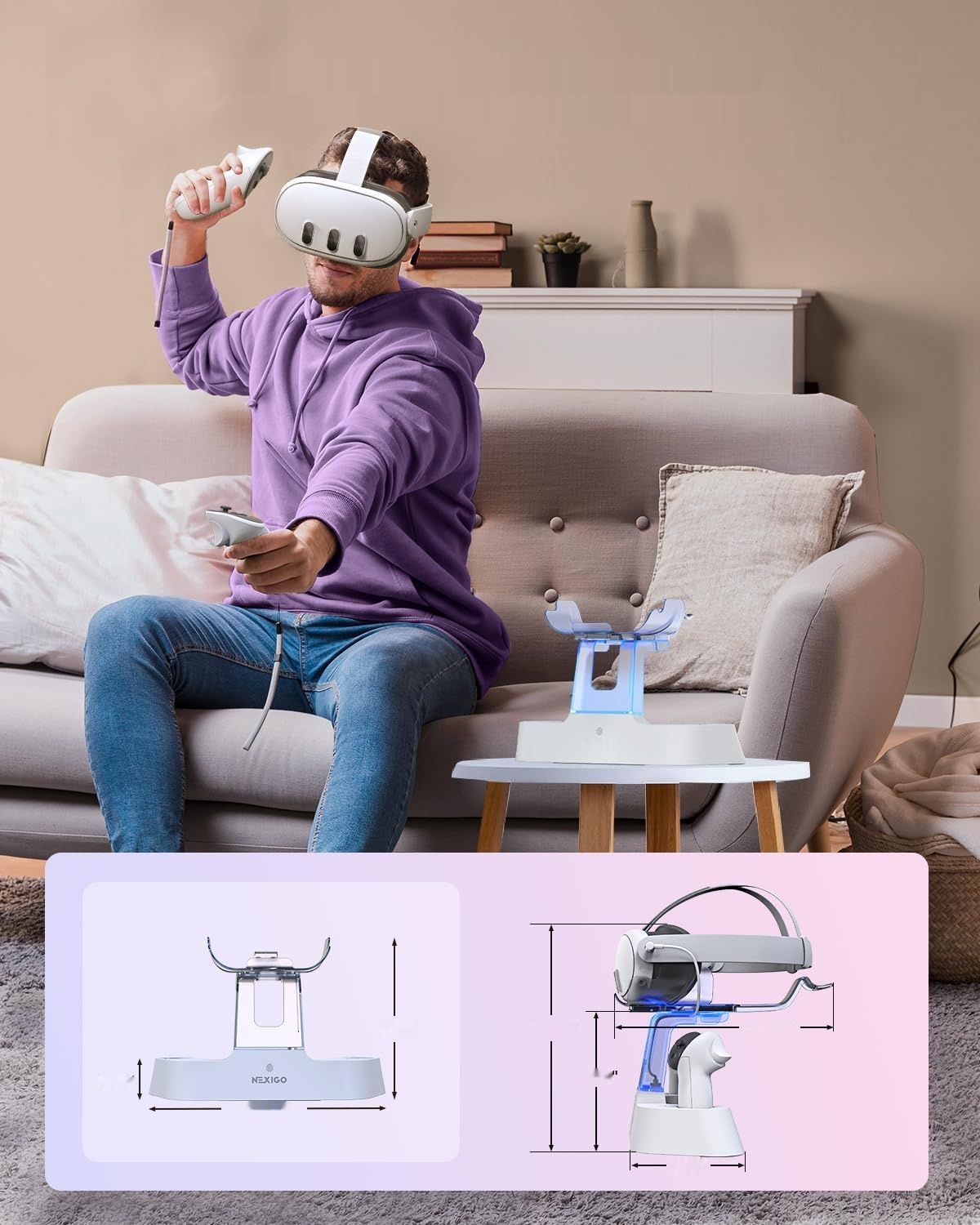 NexiGo Ulepszona stacja ładująca z LED do Oculus Quest 3, biała