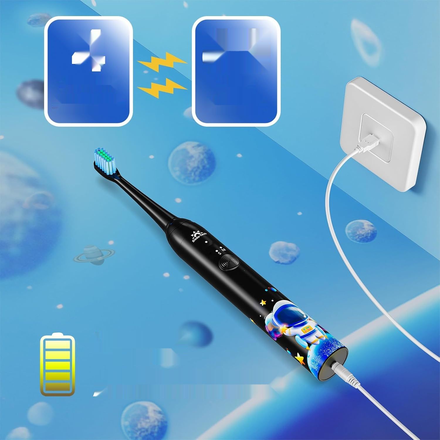 Szczoteczka Elektryczna Dzieci z Timerem, 3 Tryby, Astronauta Czarna
