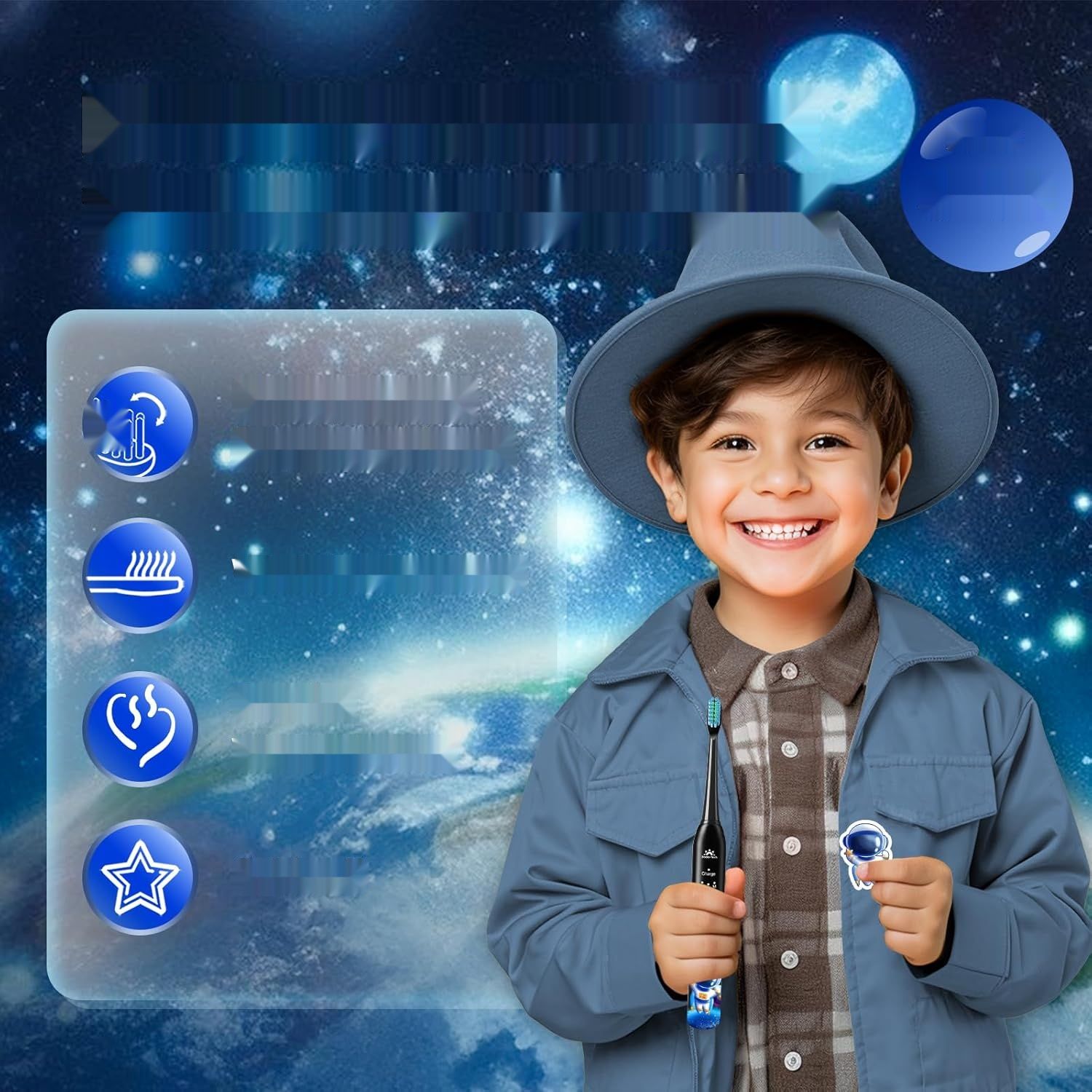Szczoteczka Elektryczna Dzieci z Timerem, 3 Tryby, Astronauta Czarna