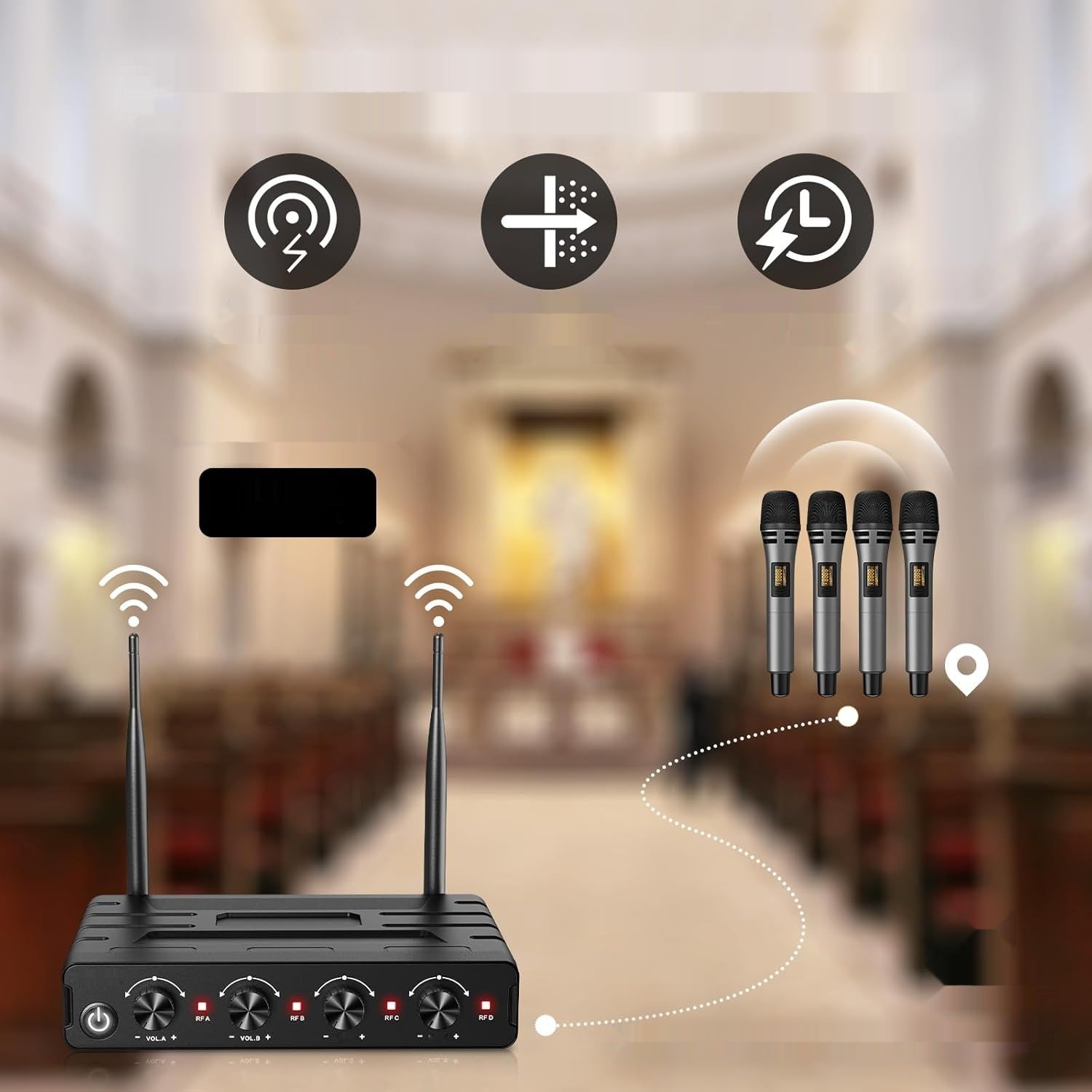 Bezprzewodowy mikrofon TONOR, 4x5-kanałowy z odbiornikiem, zasięg 60 M UHF
