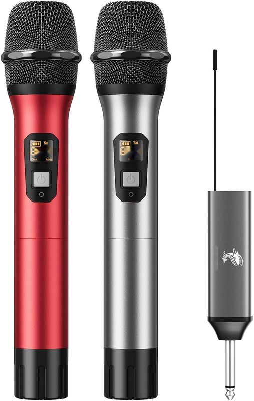 TONOR Mikrofon Bezprzewodowy TW630, UHF, do Karaoke, 60 m, Srebrny-Czerwony