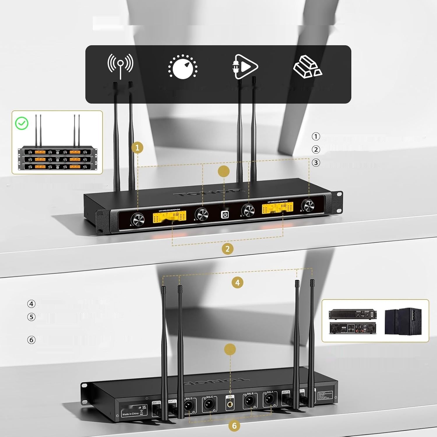 System mikrofonów TONOR UHF z odbiornikiem, 4*5 kanałów, zakres 90M