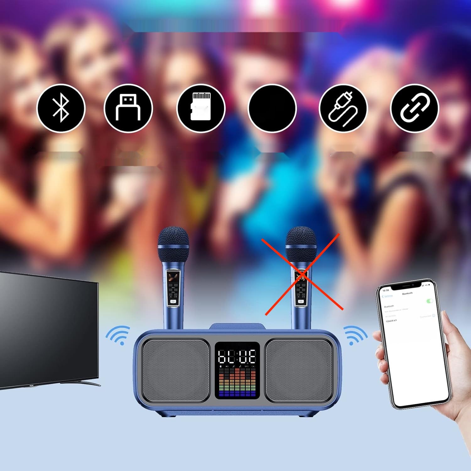 TONOR Maszyna Karaoke K9, przenośny głośnik z 1 mikrofonam UHF, LED.