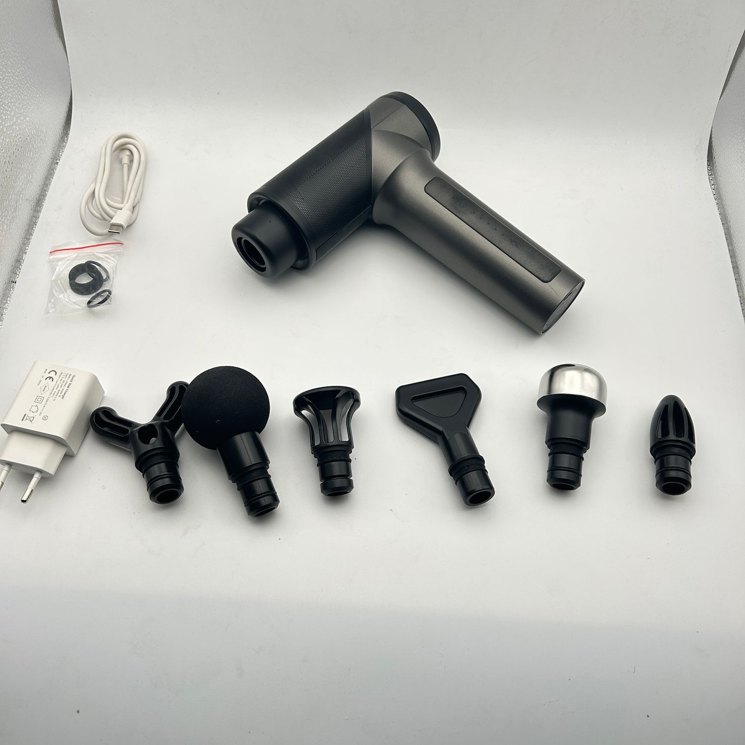Medcursor pistolet do masażu, 6 głowic, łagodzi ból, szary.