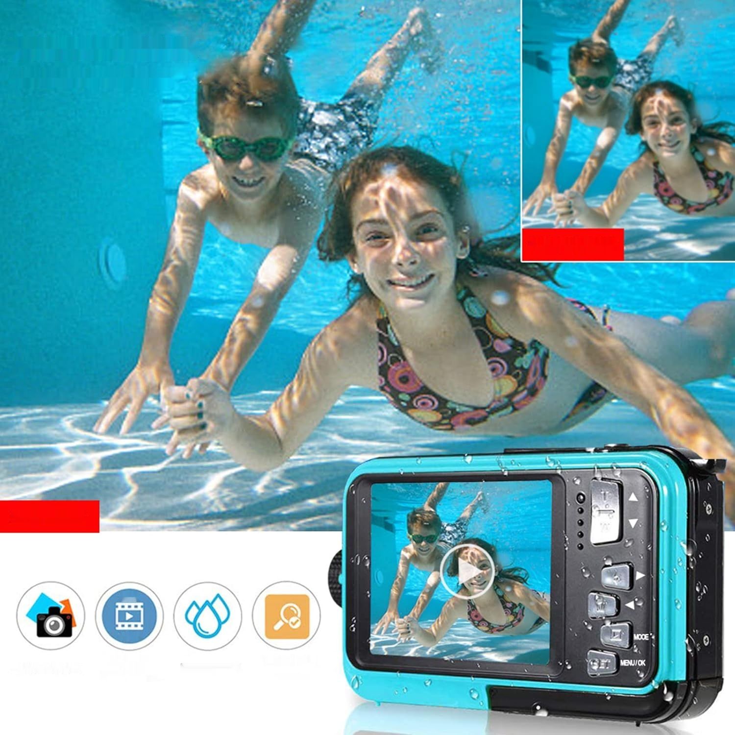 YISENCE Podwodna Kamera FHD 2.7K 48MP z Podwójnym Wyświetlaczem LCD do Nurkowania.