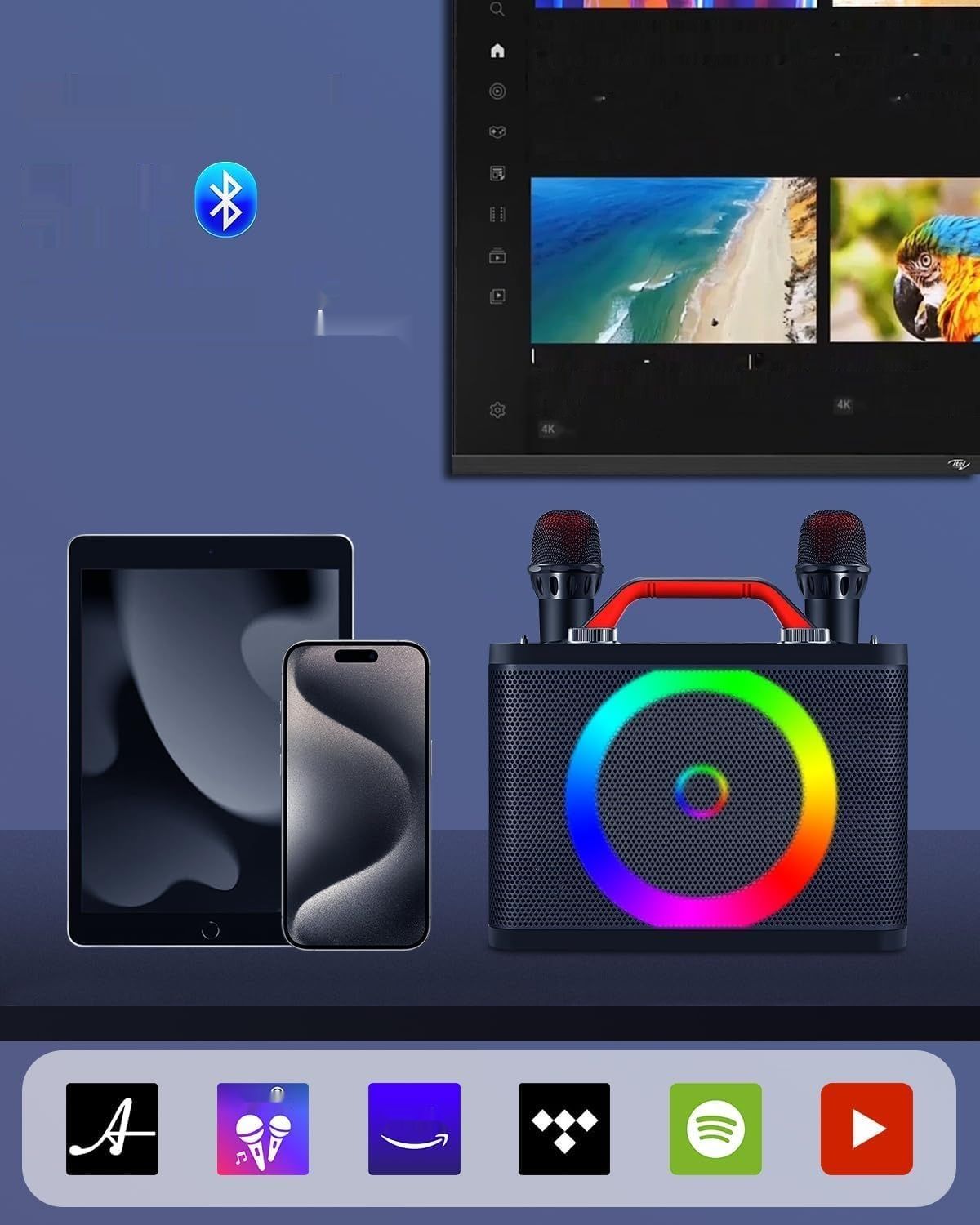 ALPOWL Karaoke Z 2 mikrofonami, przenośny, światła, TF/USB, AUX, TWS
