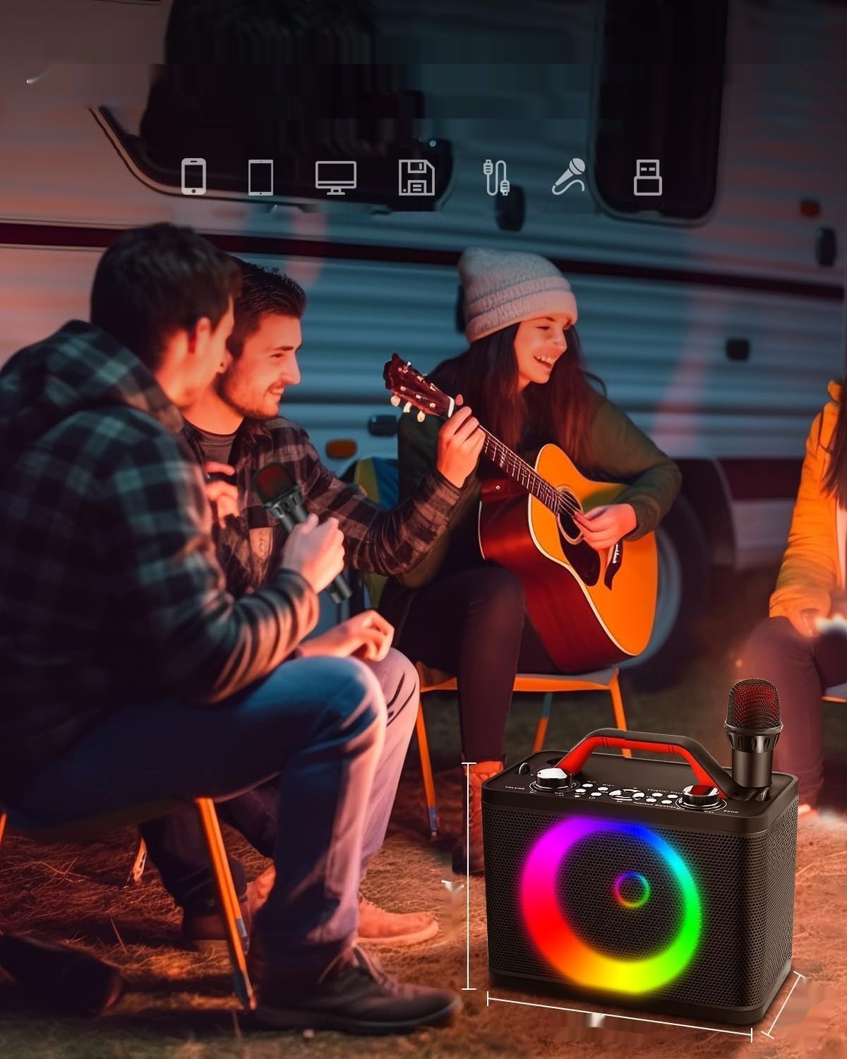 ALPOWL Karaoke Z 2 mikrofonami, przenośny, światła, TF/USB, AUX, TWS