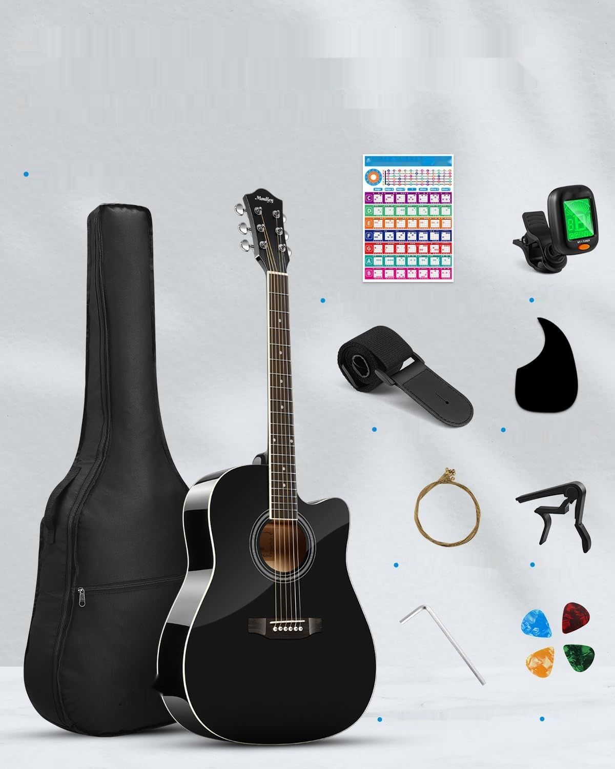 Gitara Akustyczna Moukey 41&quot; dla Początkujących z akcesoriami, Czarna