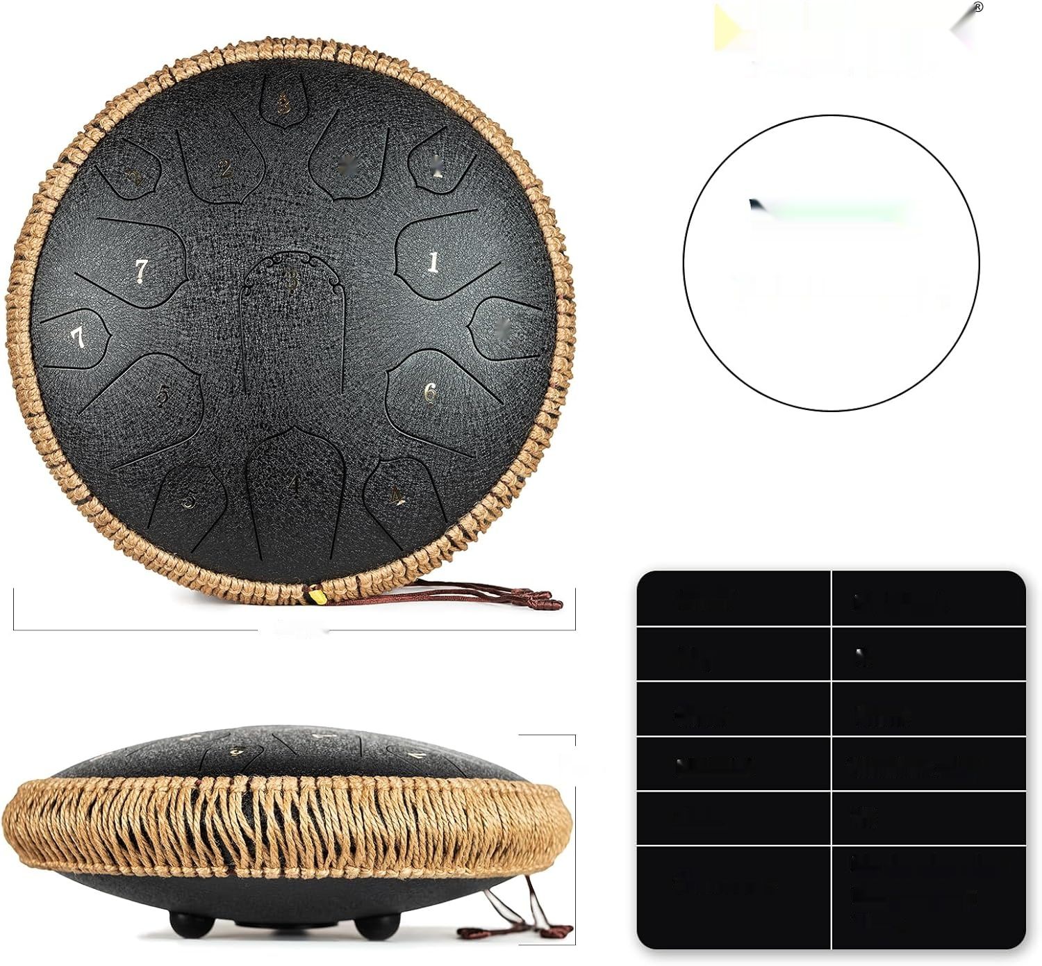 Tongue Drum 14 cali 15 tonów Handpan, D Major, pałeczki, torba (Czarny)
