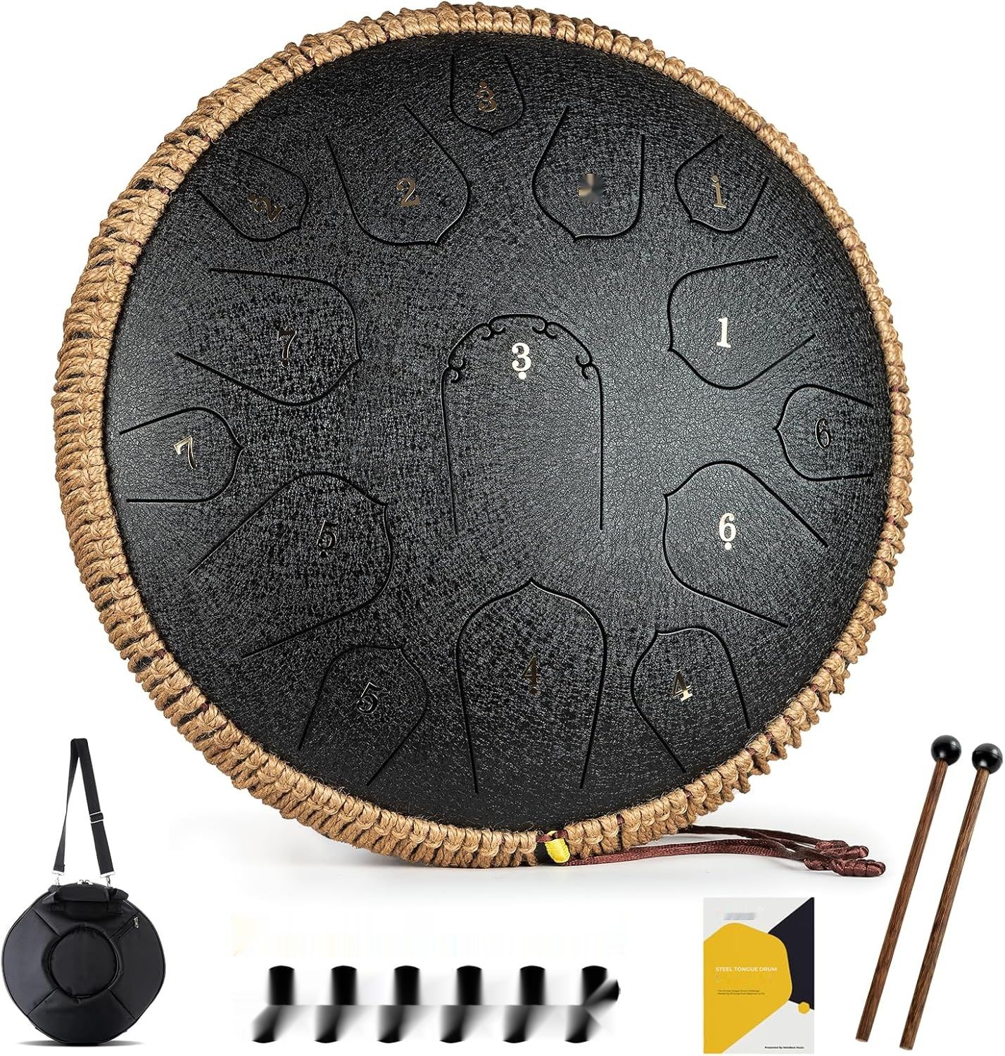 Tongue Drum 14 cali 15 tonów Handpan, D Major, pałeczki, torba (Czarny)