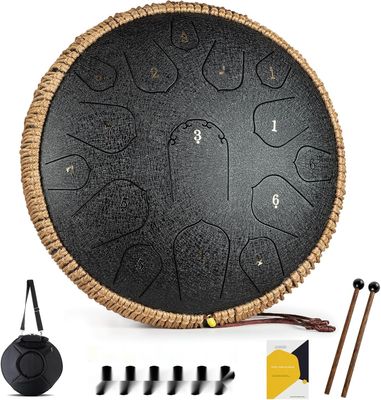 Tongue Drum 14 cali 15 tonów Handpan, D Major, pałeczki, torba (Czarny)