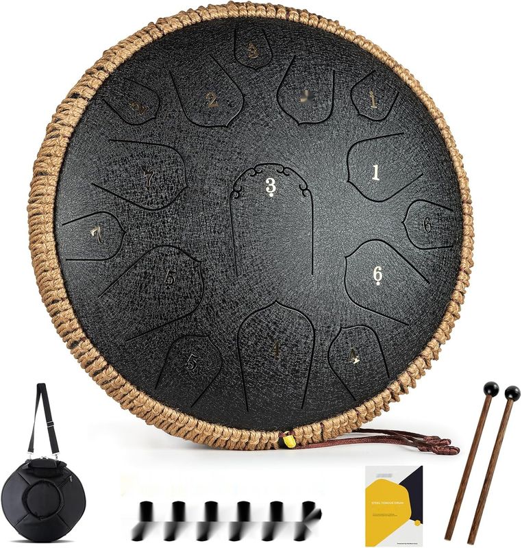 Tongue Drum 14 cali 15 tonów Handpan, D Major, pałeczki, torba (Czarny)