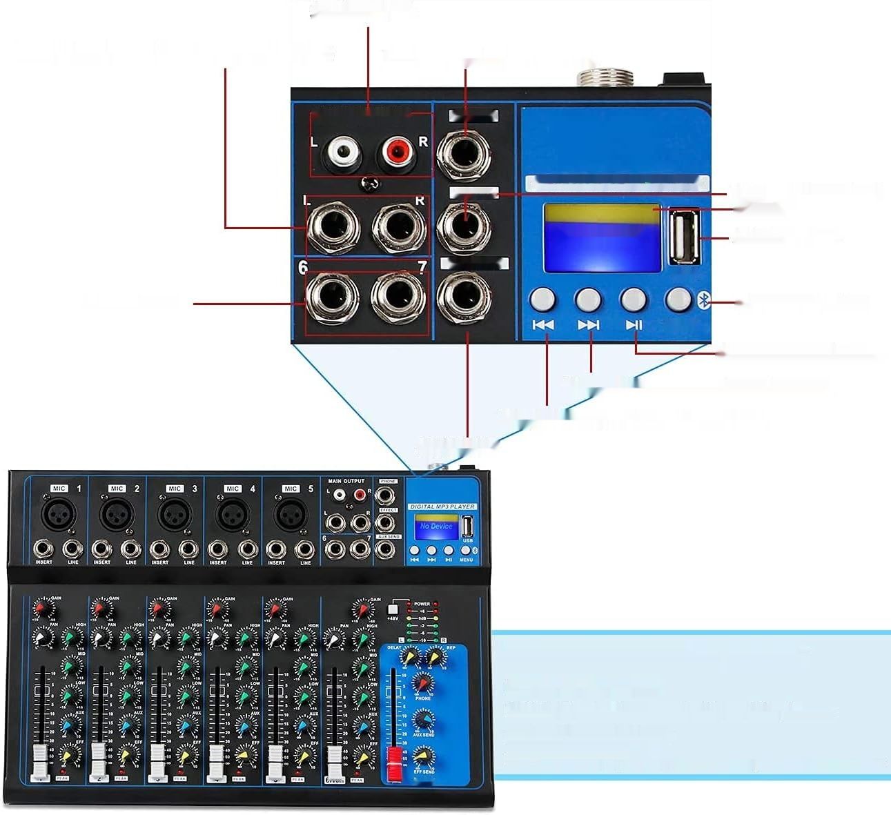 Depusheng HT7 Przenośny stół mikserski audio Bluetooth z USB, 7-kanałów.