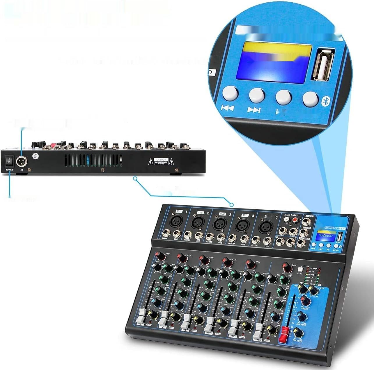 Depusheng HT7 Przenośny stół mikserski audio Bluetooth z USB, 7-kanałów.