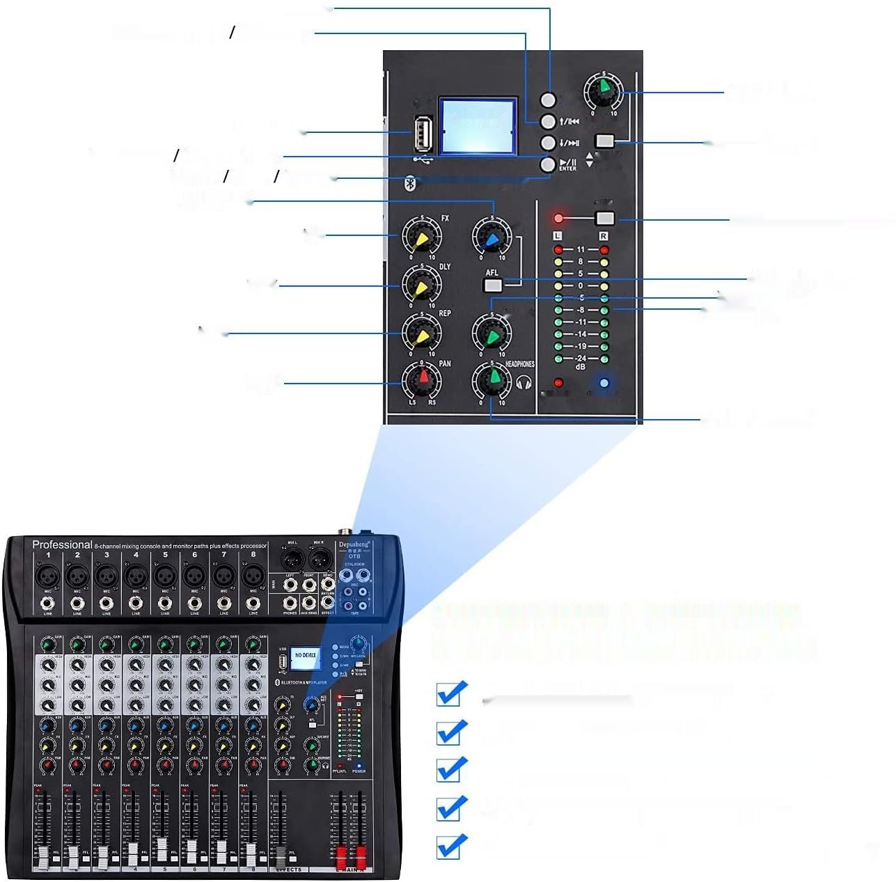Depusheng DT8 konsola mikserska Sound Board 8 kanałów Cyfrowe USB