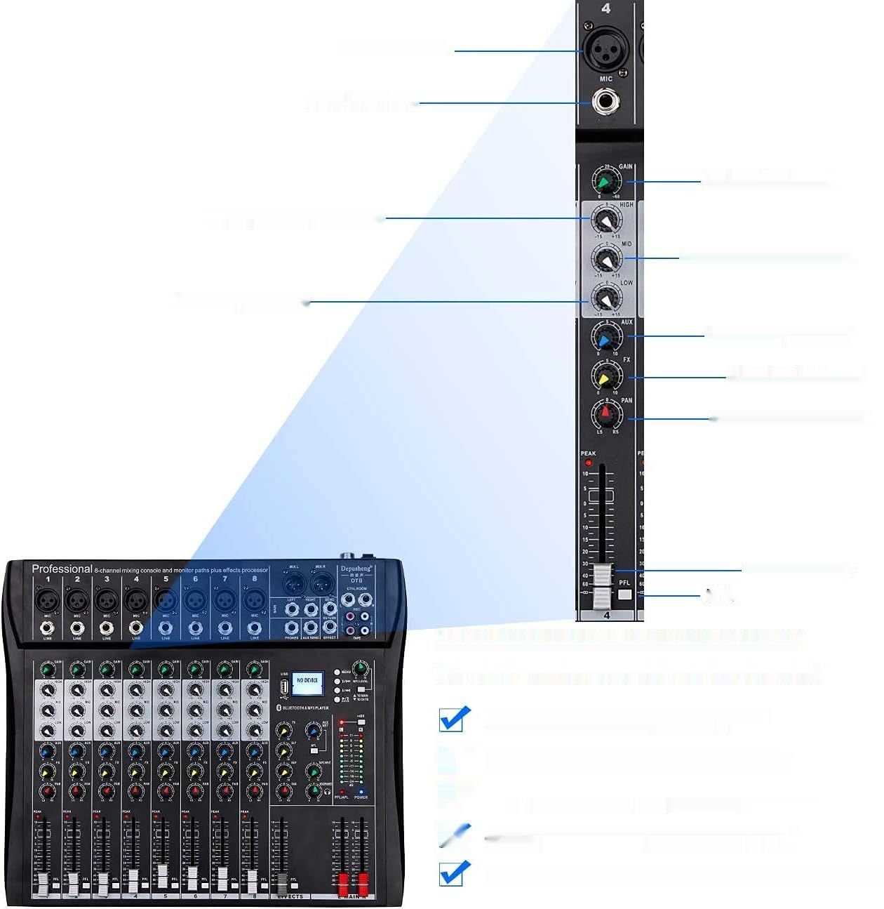 Depusheng DT8 konsola mikserska Sound Board 8 kanałów Cyfrowe USB