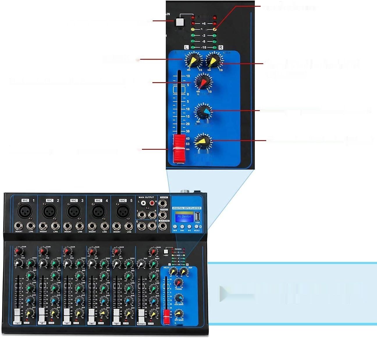 Depusheng HT7 Przenośny stół mikserski audio Bluetooth z USB, 7-kanałów.