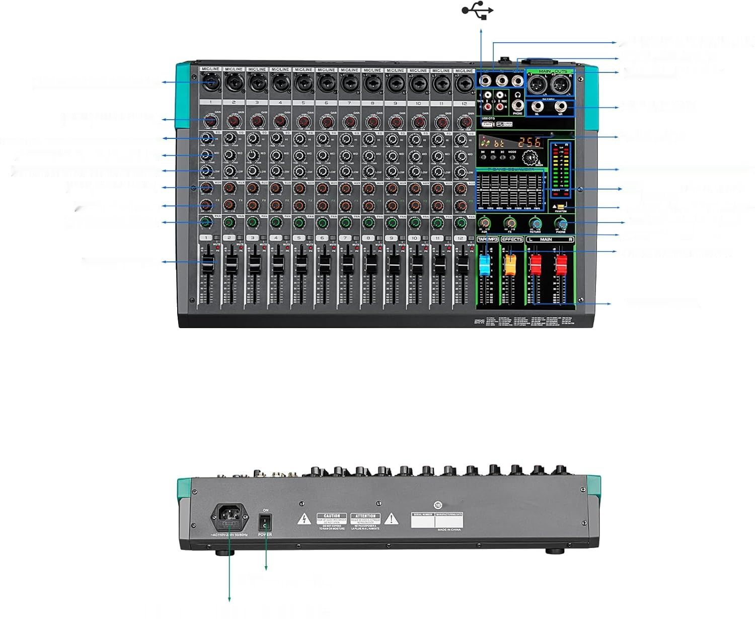 PA12 Profesjonalny mikser DJ z 256 efektami DSP, Bluetooth i USB.