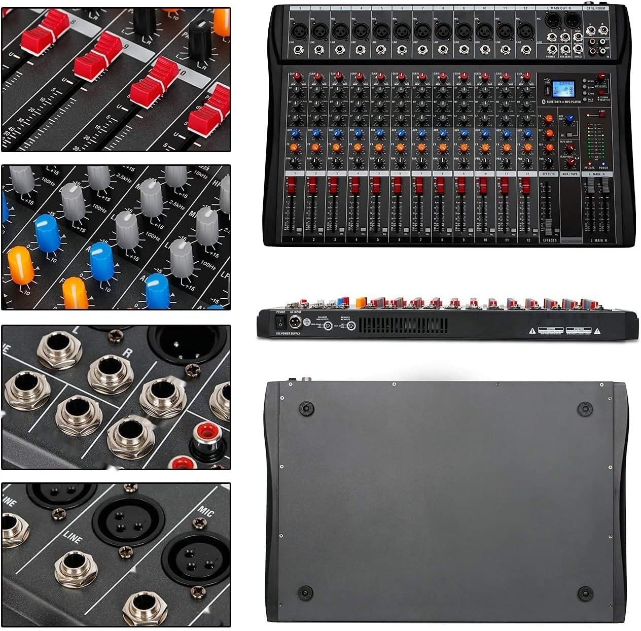 Depusheng DA12 mikser DJ z USB, Bluetooth, XLR, 48V, Cinch, 12-kanałowy.