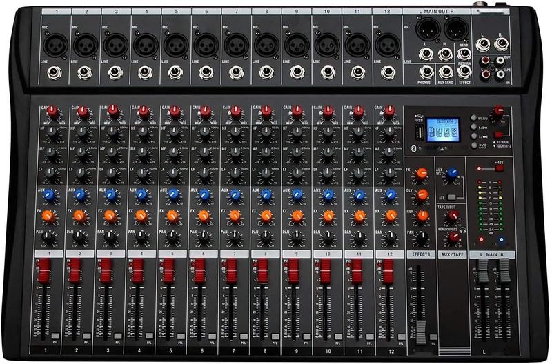 Depusheng DA12 mikser DJ z USB, Bluetooth, XLR, 48V, Cinch, 12-kanałowy.