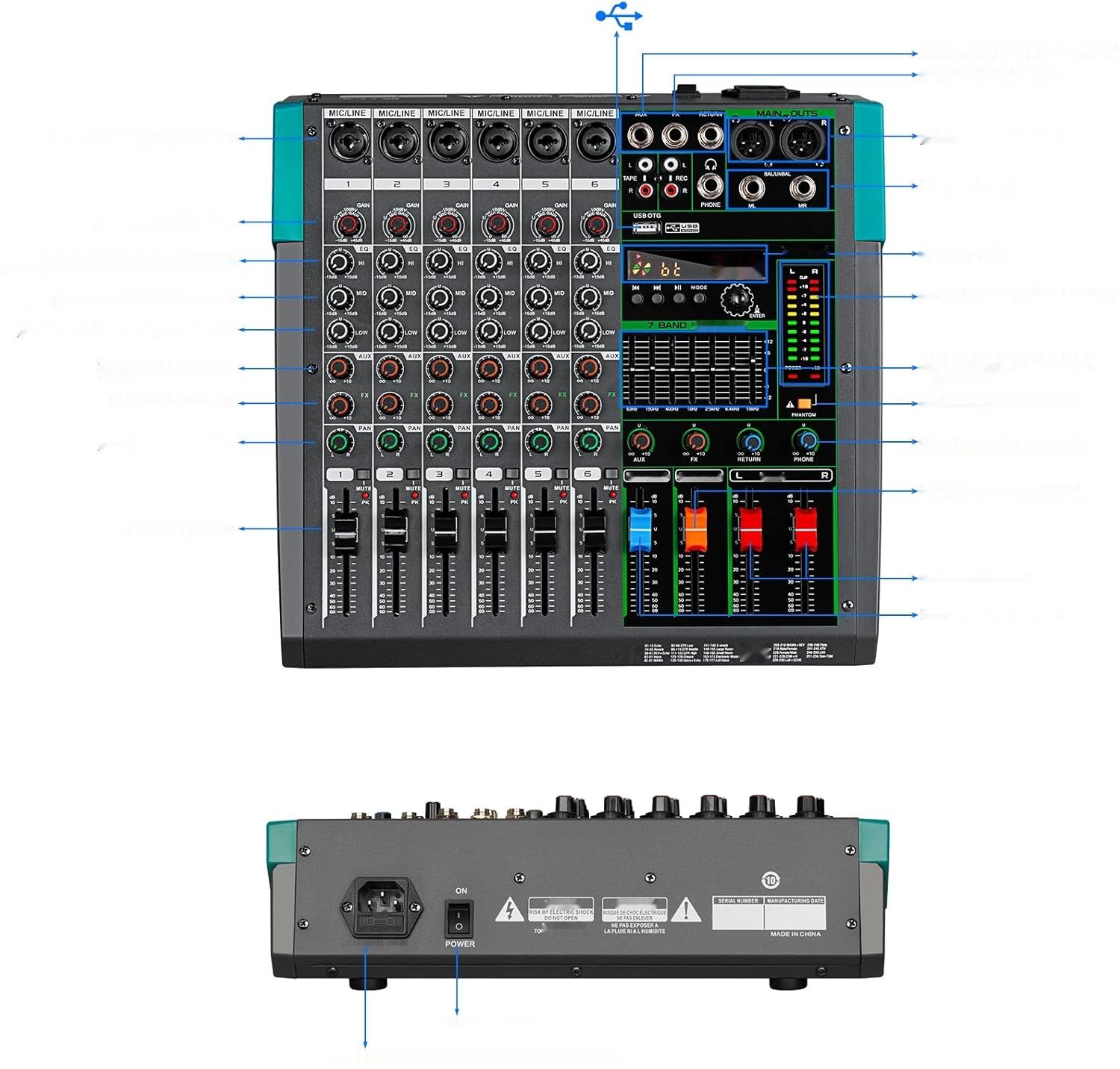 PA6 Profesjonalny Mikser Audio DJ 6 Kanałów USB Bluetooth MP3