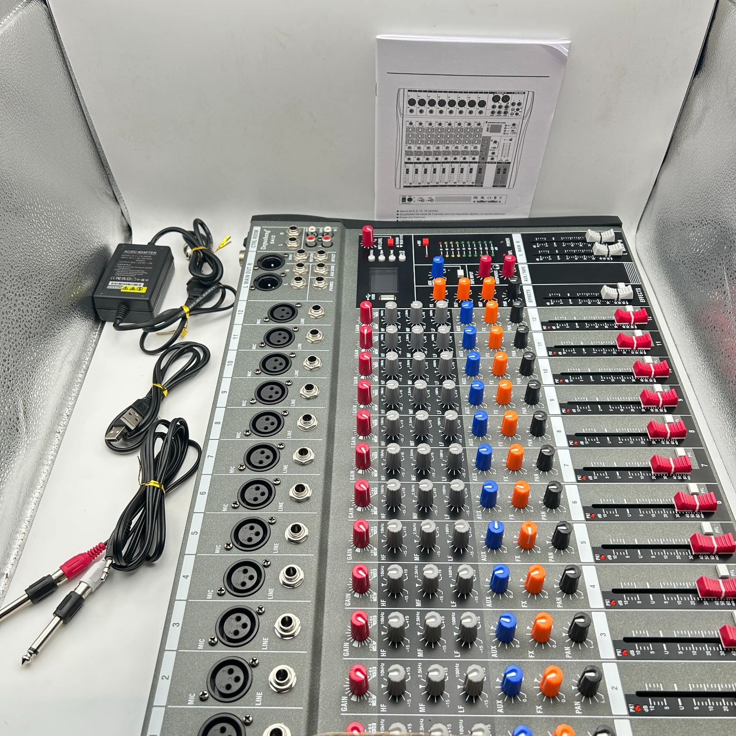Depusheng DA12 mikser DJ z USB, Bluetooth, XLR, 48V, Cinch, 12-kanałowy.