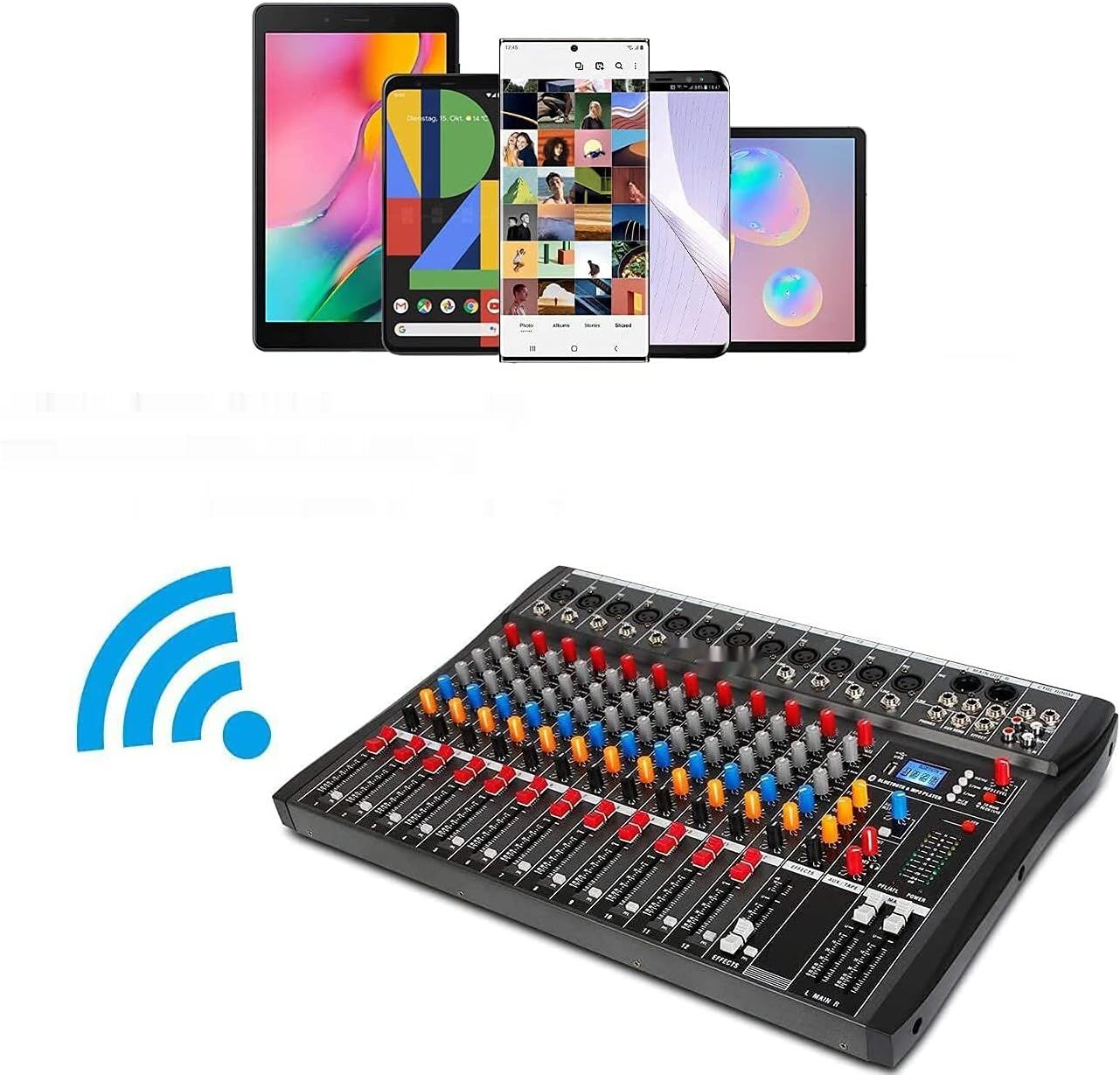Depusheng DA12 mikser DJ z USB, Bluetooth, XLR, 48V, Cinch, 12-kanałowy.