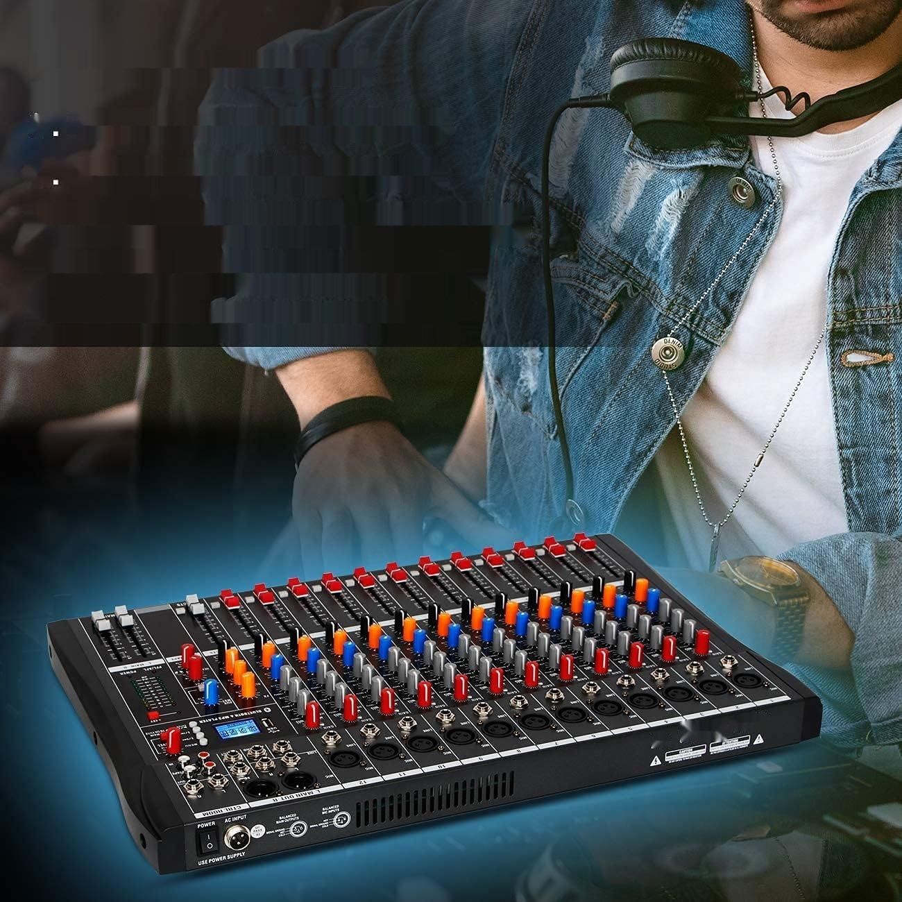 Depusheng DA12 mikser DJ z USB, Bluetooth, XLR, 48V, Cinch, 12-kanałowy.