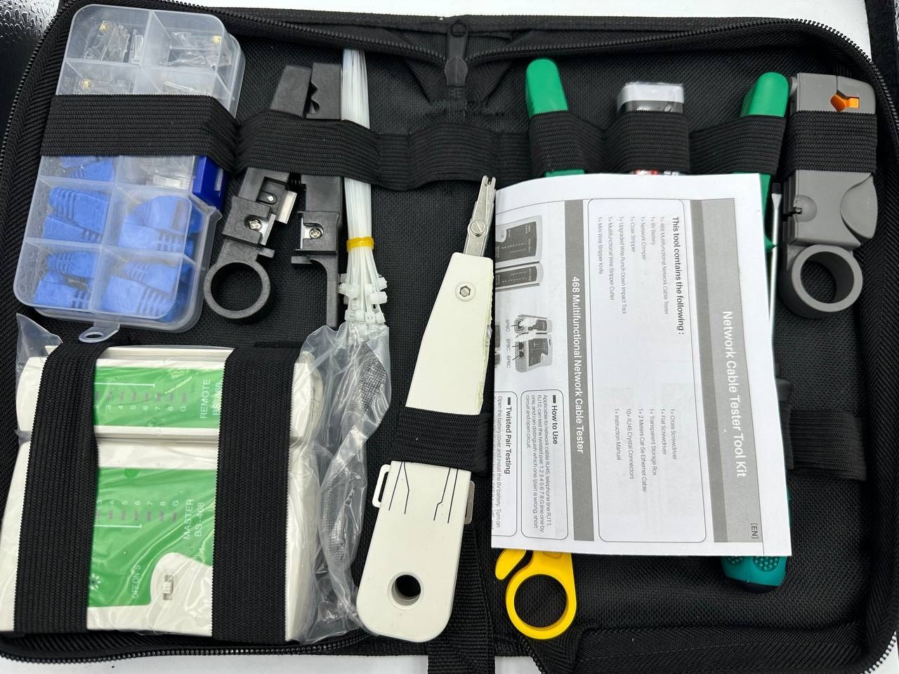 Profesjonalny tester sieciowy zestaw skrzynek narzędziowych do naprawy sieci z zaciskami elektryka tester kabli RJ45 narzędzie do zaciskania (12 w 1)