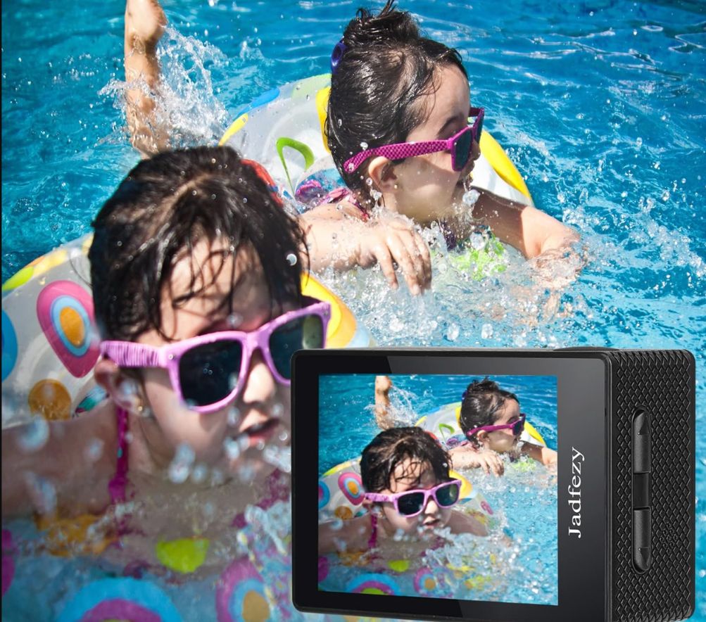 Jadfezy Kamera sportowa 1080P wodoodporna kamera podwodna 40 m z EIS dwie baterie 900 mAh do wielokrotnego ładowania 140 stopni szeroki kąt i zestaw akcesoriów