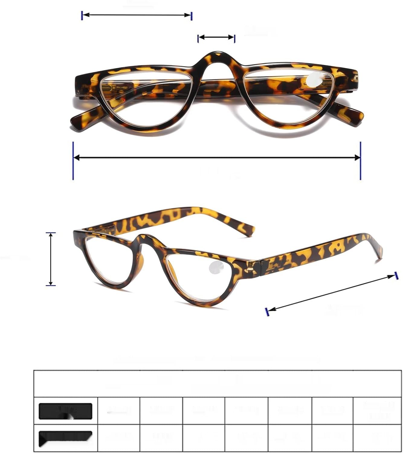 Hubeye, półksiężycowe okulary do czytania w panterkę, 2.50, etui w zestawie.