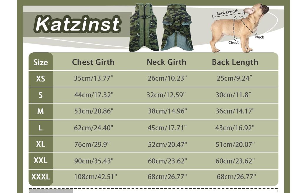 Katzinst zimowa kurtka dla psów, wodoodporna z nogawkami, 2XL, Military Green