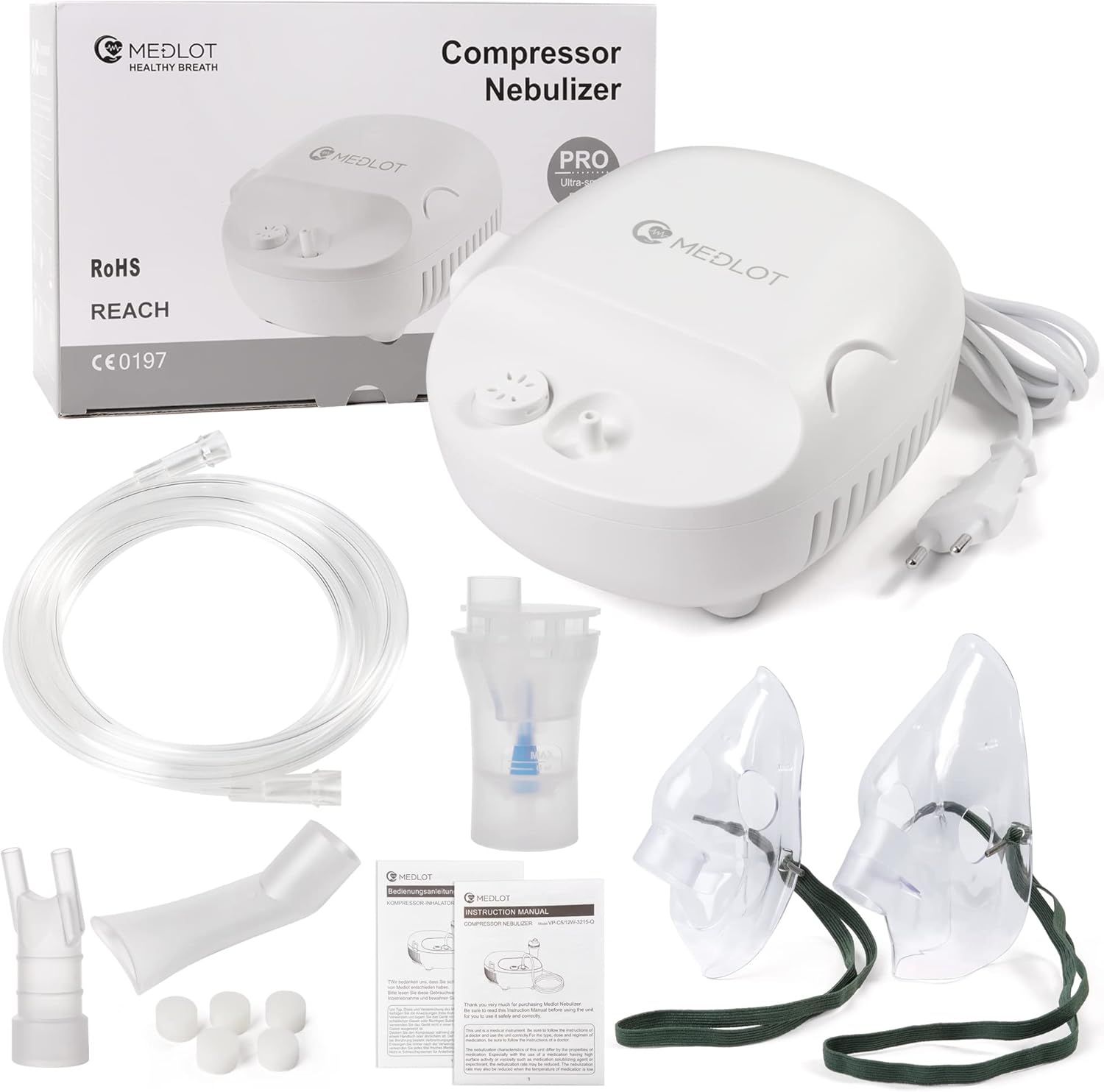 MEDLOT Nebulizator z ustnikiem i maską, dla dorosłych i dzieci, na przeziębienia lub astmę