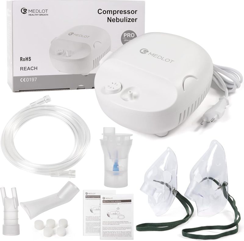 MEDLOT Nebulizator z ustnikiem i maską, dla dorosłych i dzieci, na przeziębienia lub astmę