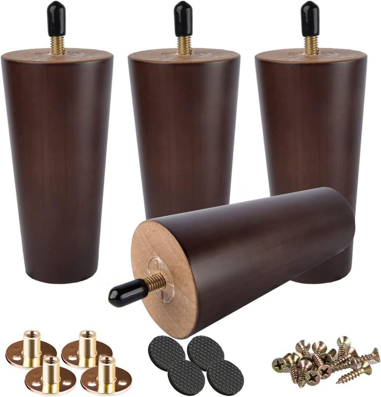 10 cm Drewniane Nóżki do Mebli, Zestaw 4, Orzechowe, z Wstępnie Wywierconymi Śrubami.