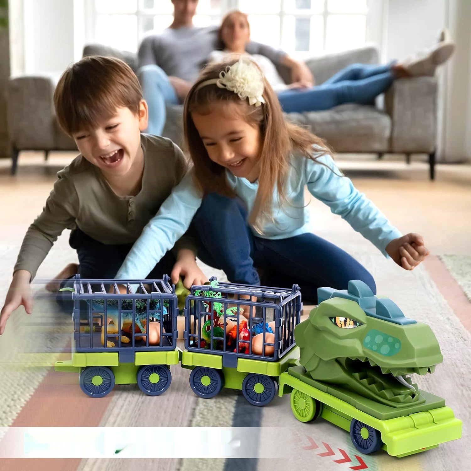 vamei Zabawka transportowa dla dinozaurów, samochodowa, z domem, mata do zabawy