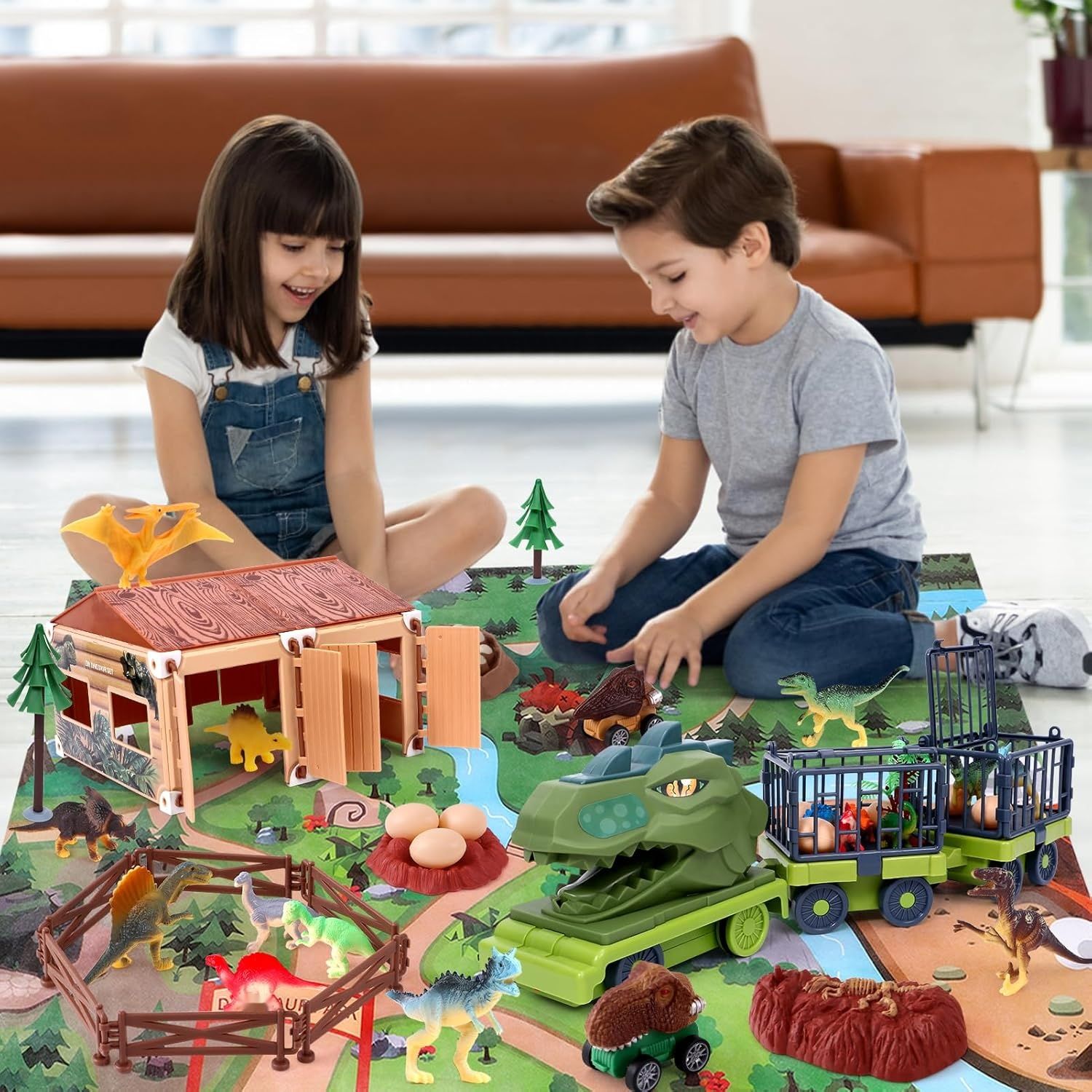 vamei Zabawka transportowa dla dinozaurów, samochodowa, z domem, mata do zabawy