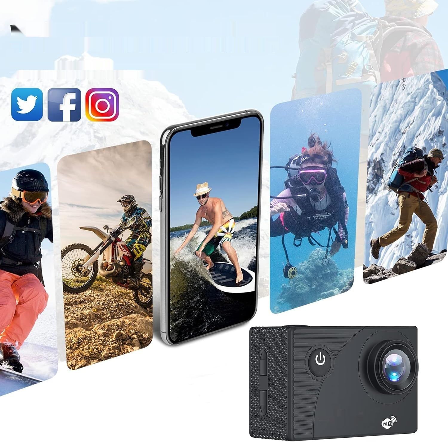 Jadfezy WiFi Action Cam HD 1080P, 12MP, wodoodporna do 30 m, 2 x 1050 mAh baterii.