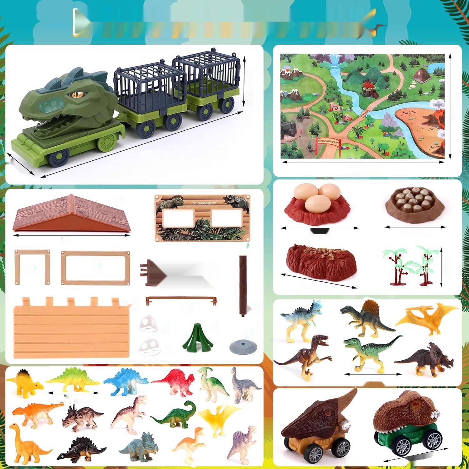 vamei Zabawka transportowa dla dinozaurów, samochodowa, z domem, mata do zabawy
