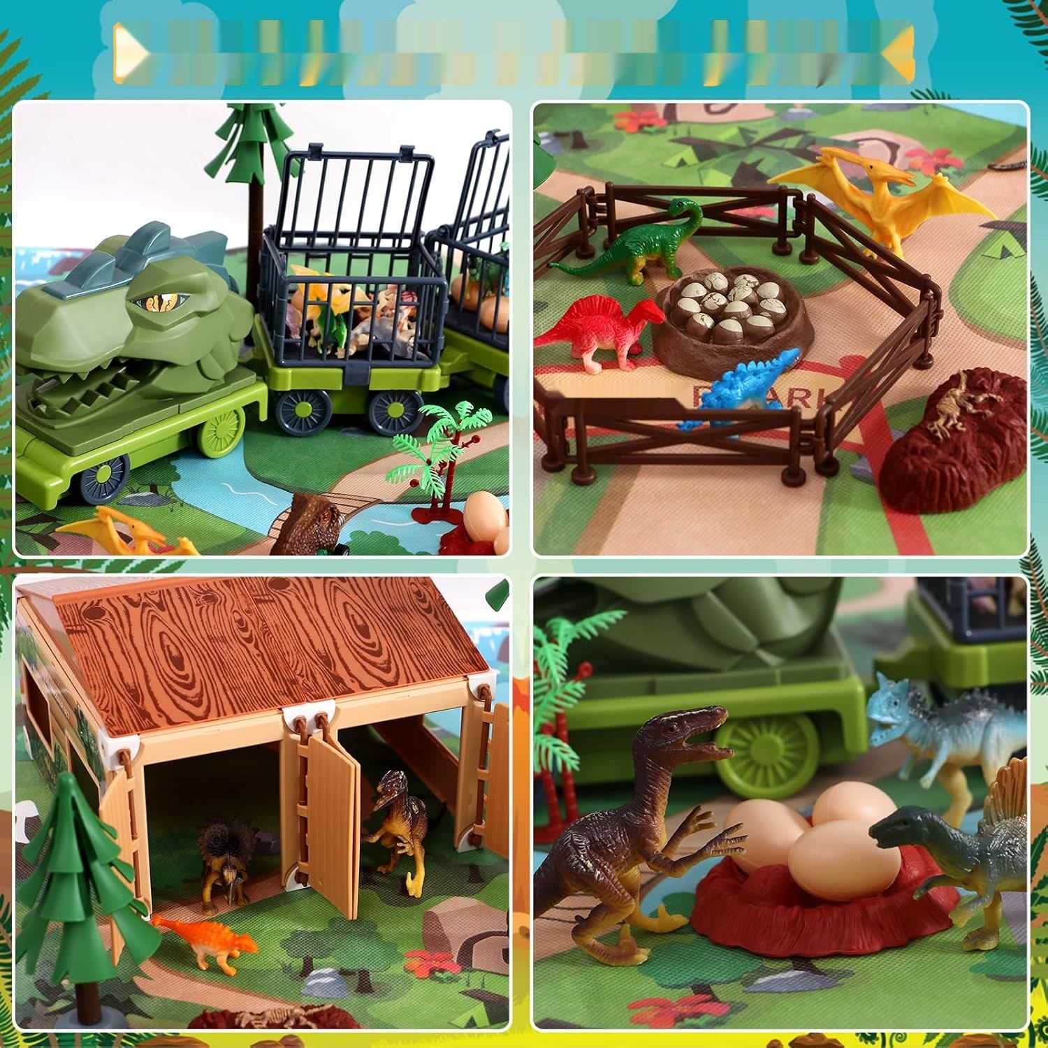 vamei Zabawka transportowa dla dinozaurów, samochodowa, z domem, mata do zabawy