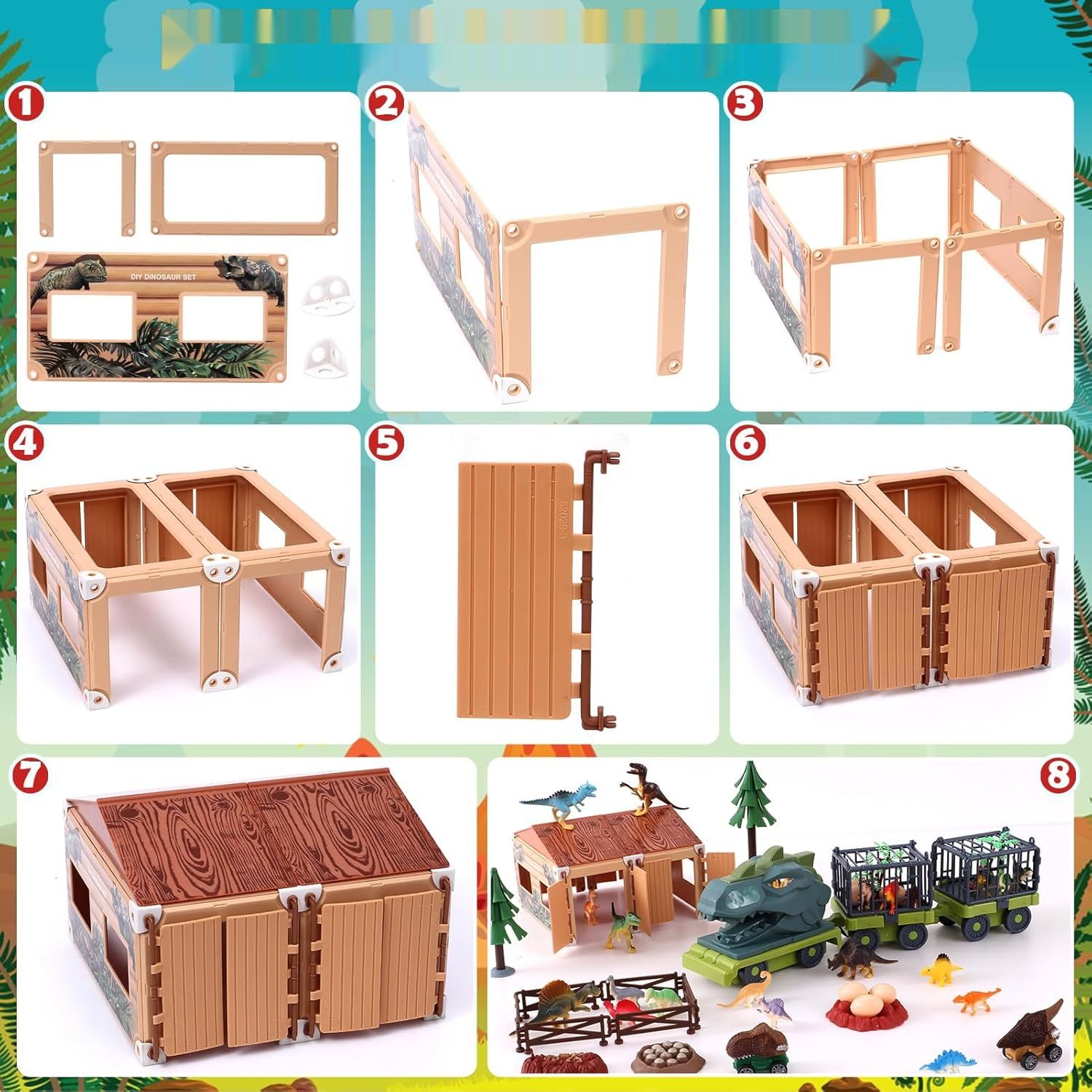 vamei Zabawka transportowa dla dinozaurów, samochodowa, z domem, mata do zabawy