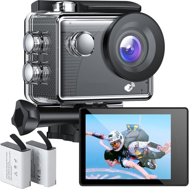 Jadfezy WiFi Action Cam HD 1080P, 12MP, wodoodporna do 30 m, 2 x 1050 mAh baterii.