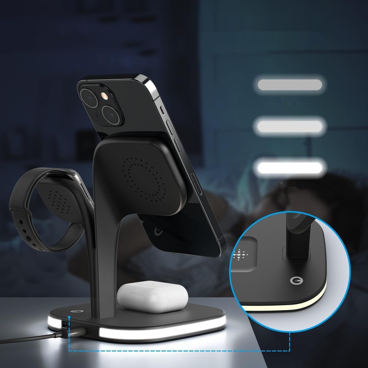 EXW 5-w-1 stacja ładująca do iPhone&#39;a serii 12/13/14/15, Apple Watch 8/7/6/5/4/SE