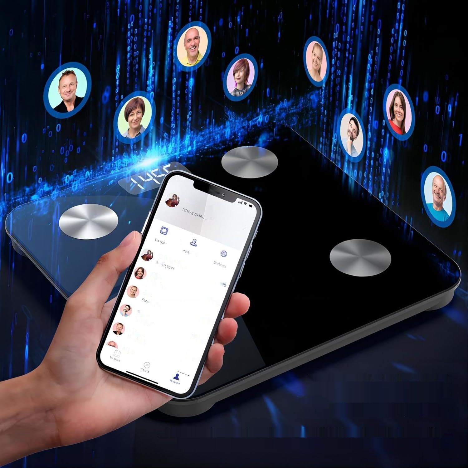 Waga osobista cyfrowa z aplikacją, Bluetooth, pomiar tkanki tłuszczowej, BMI.