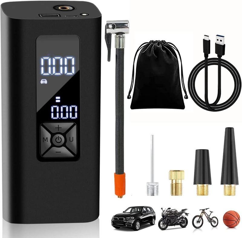 Pompka Rowerowa 8000mAh, USB-C, Power Bank, 150PSI do Samochodów, Rowerów