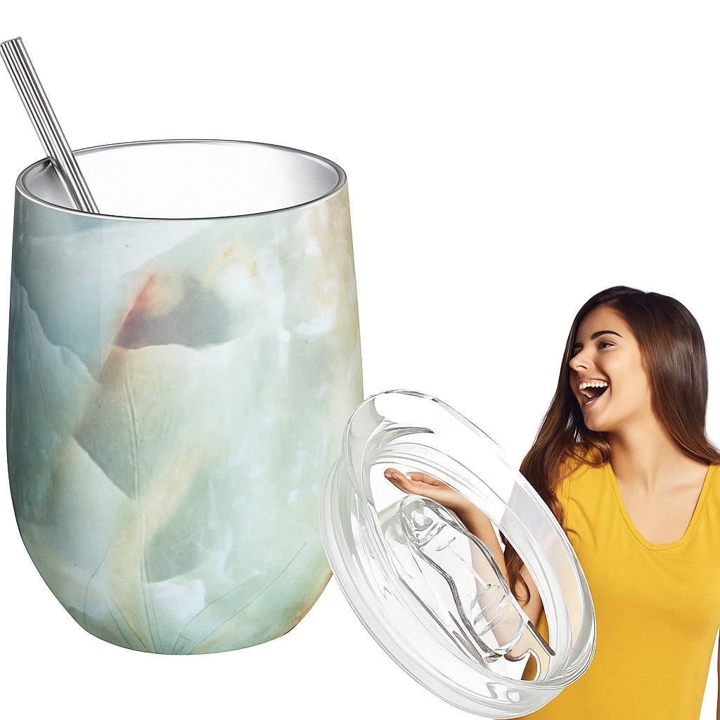 Kieliszek THILY, 12 oz, izolowany, opalowy marmur, z pokrywką i słomką.