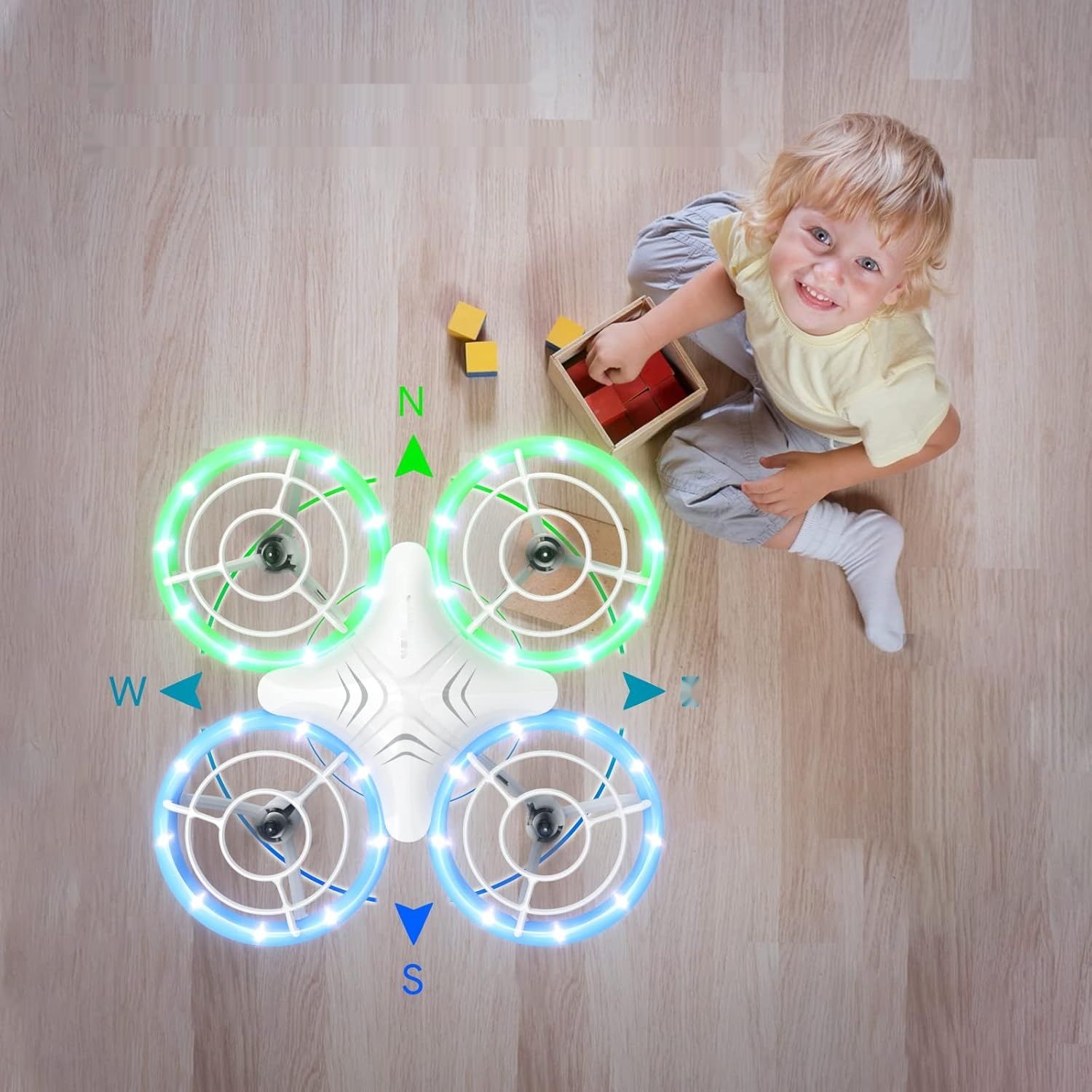 TOMZON Mini dron, niebieskie i zielone LED, quadcopter RC z 2 bateriami